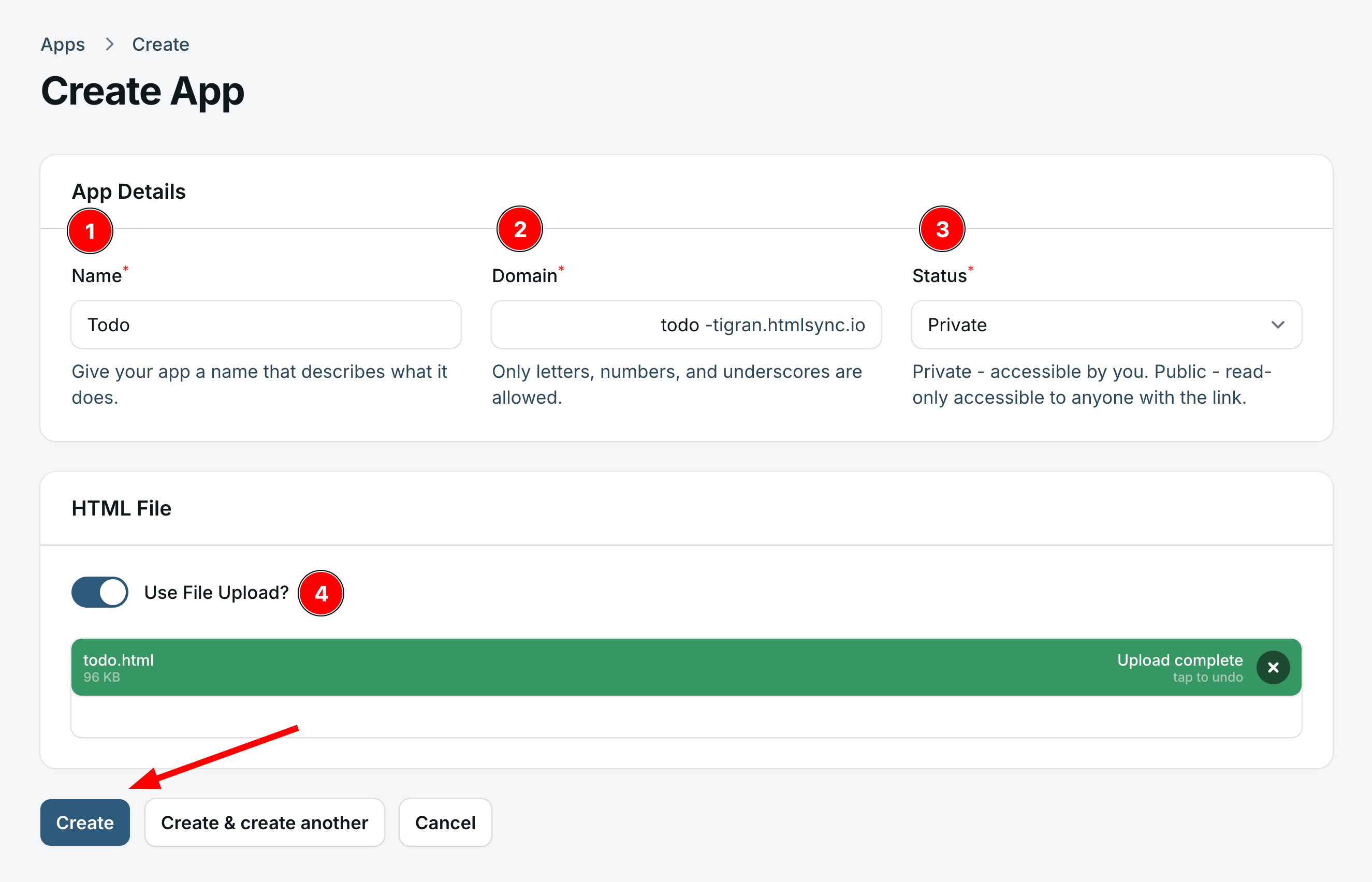 Screenshot of the create page for apps