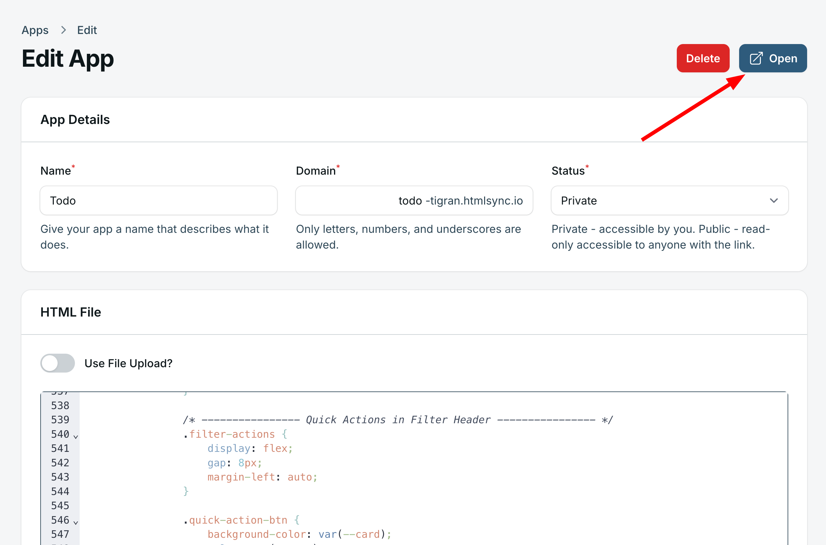Screenshot of the edit page of an app