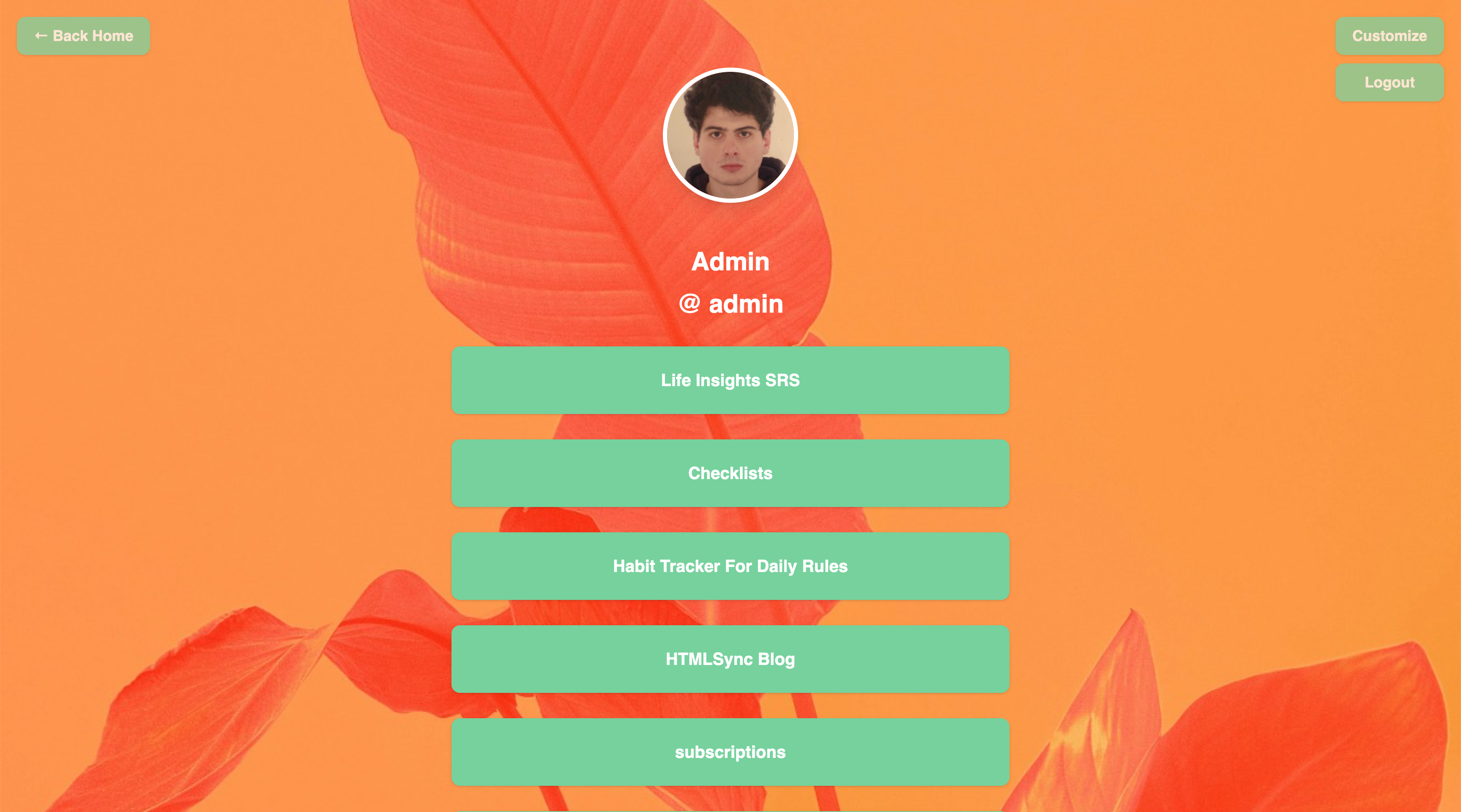Screenshot of the profile page