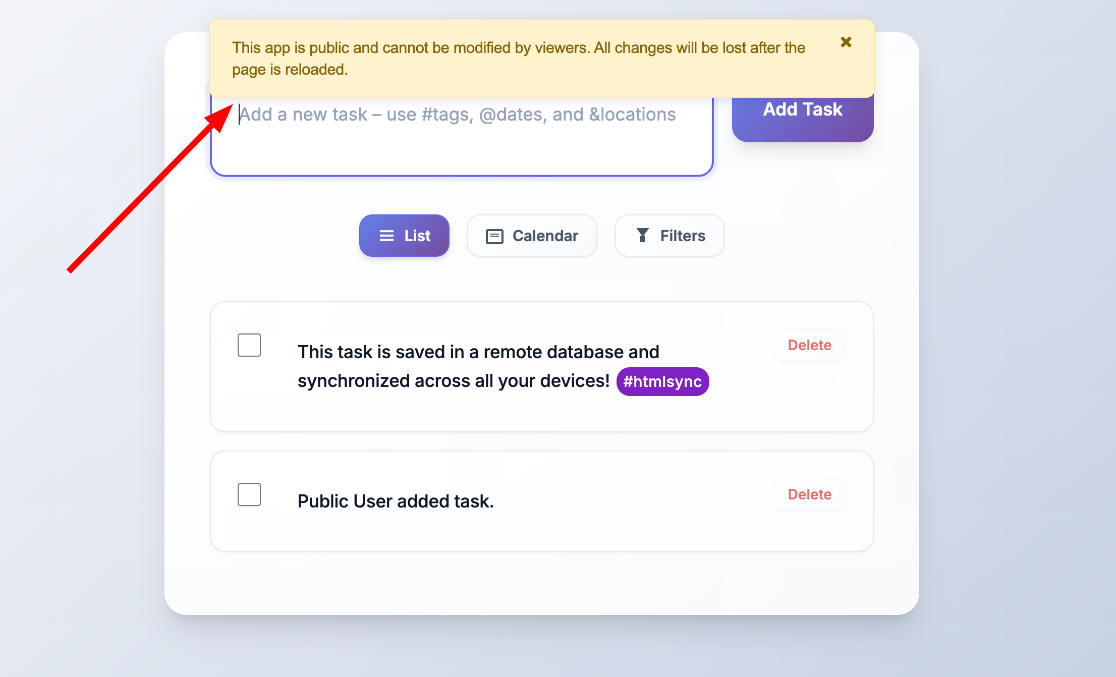 Screenshot of the public app notification