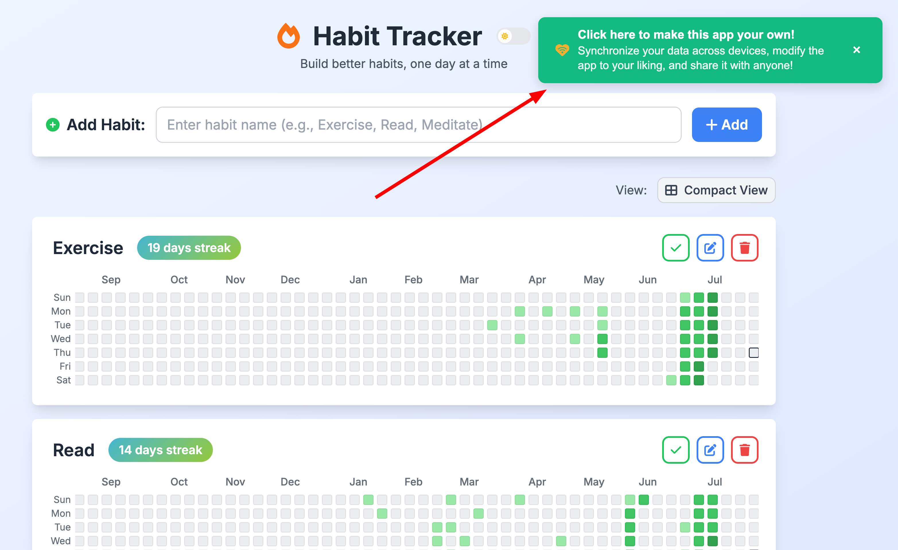 Screenshot of the template notification