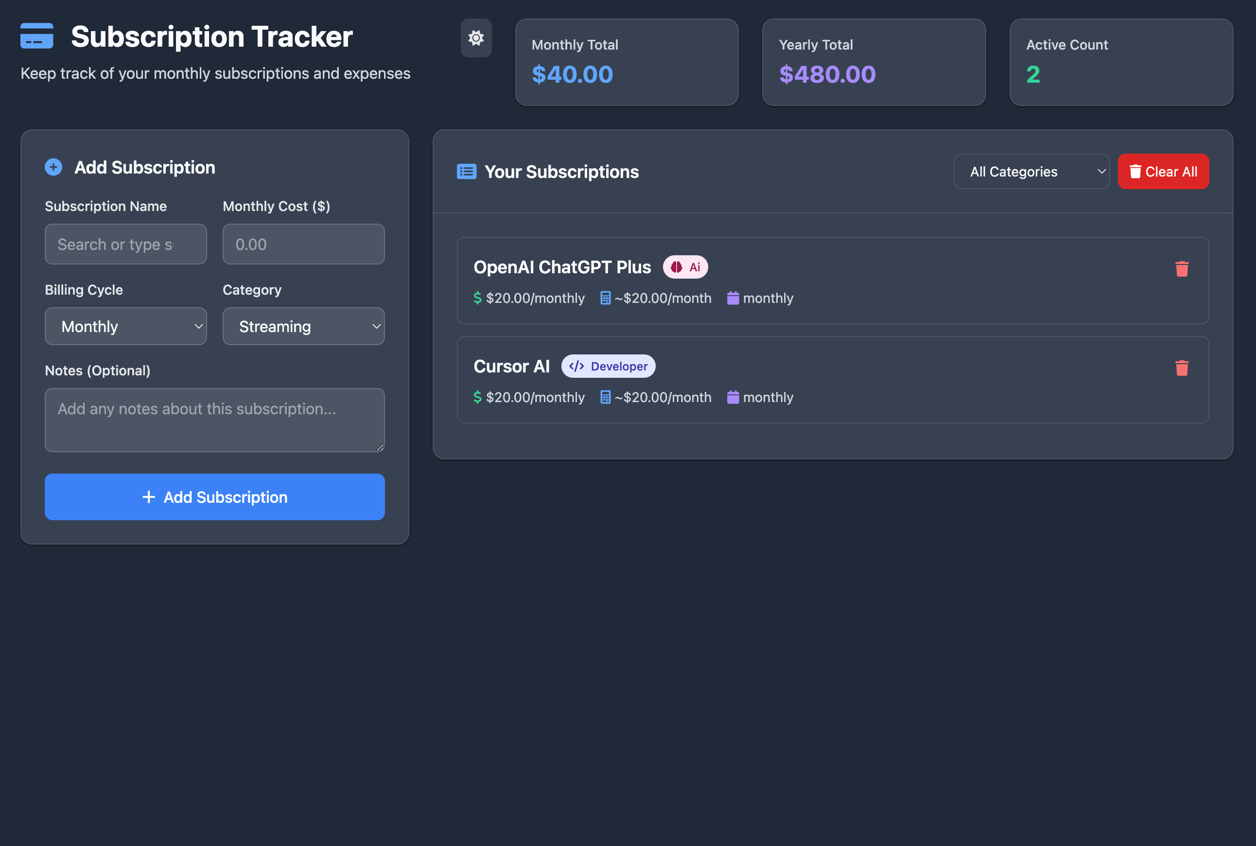 Subscription Cost Tracker – Free Browser Tool Screenshot