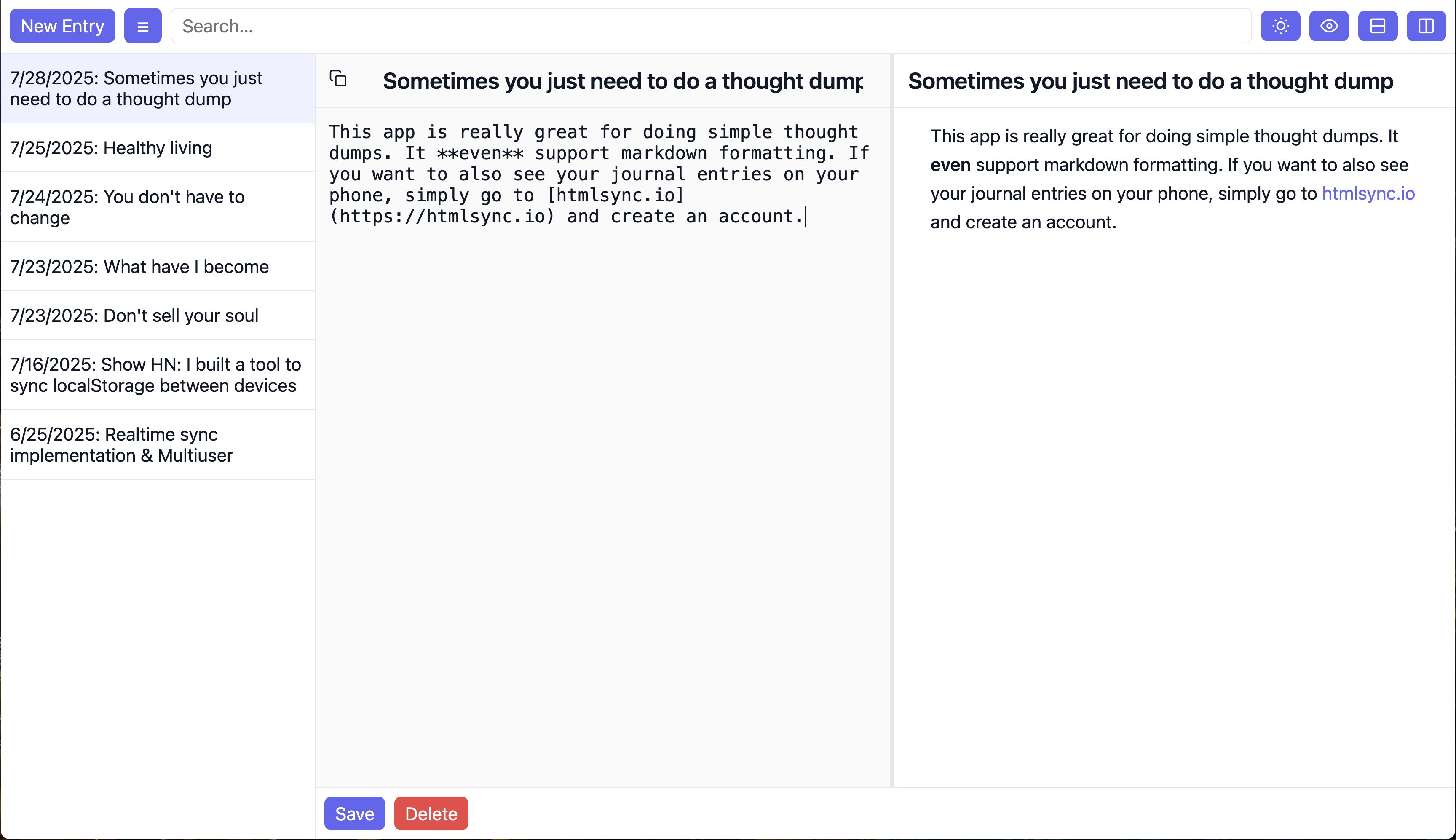 Markdown Journal: a free online journal app with live preview Screenshot